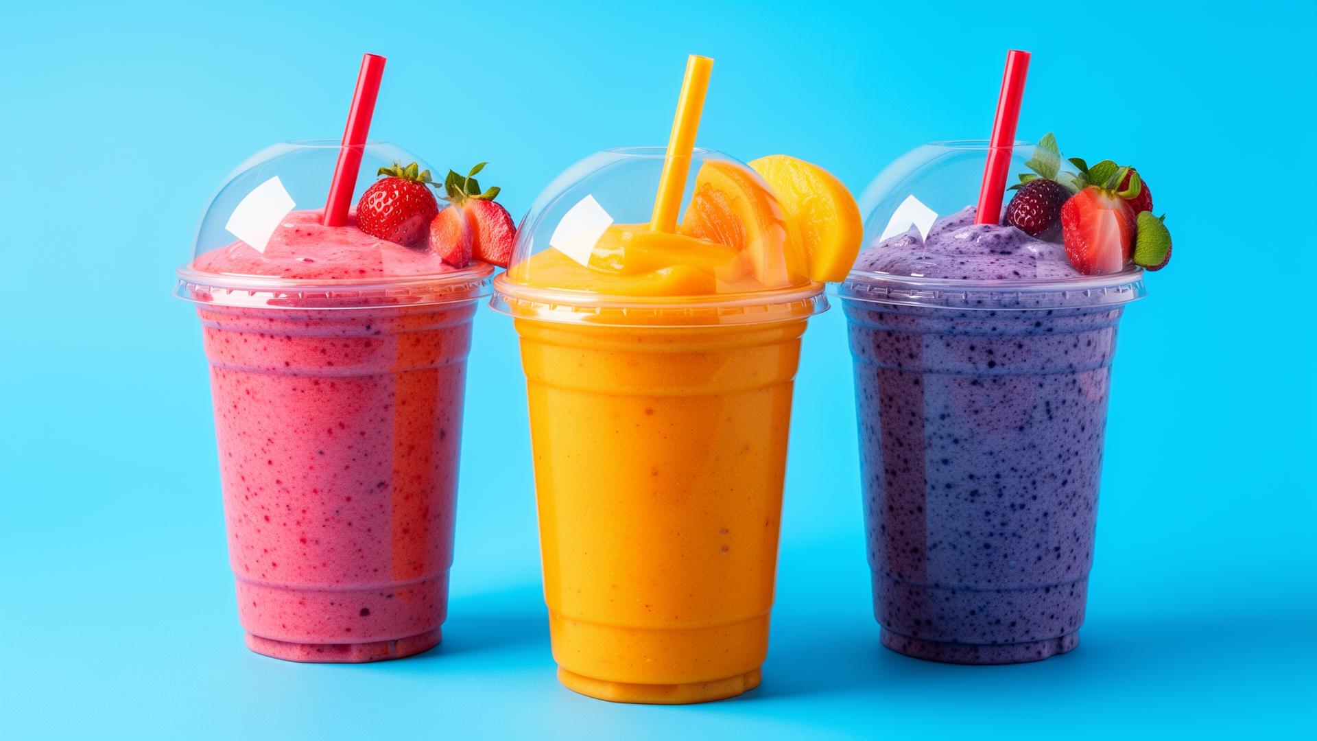 Strawberry, mango and blueberry smoothies in clear cups with dome lids and straws.
