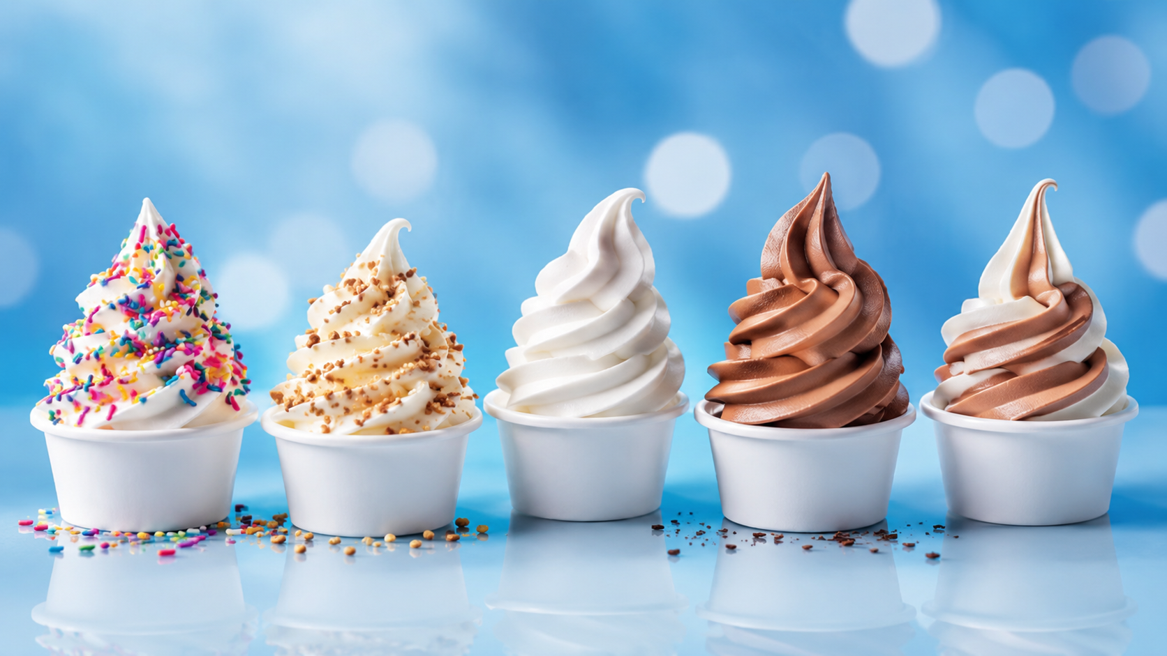 Small white cups of vanilla, chocolate and twist soft serve sized just right for kids.