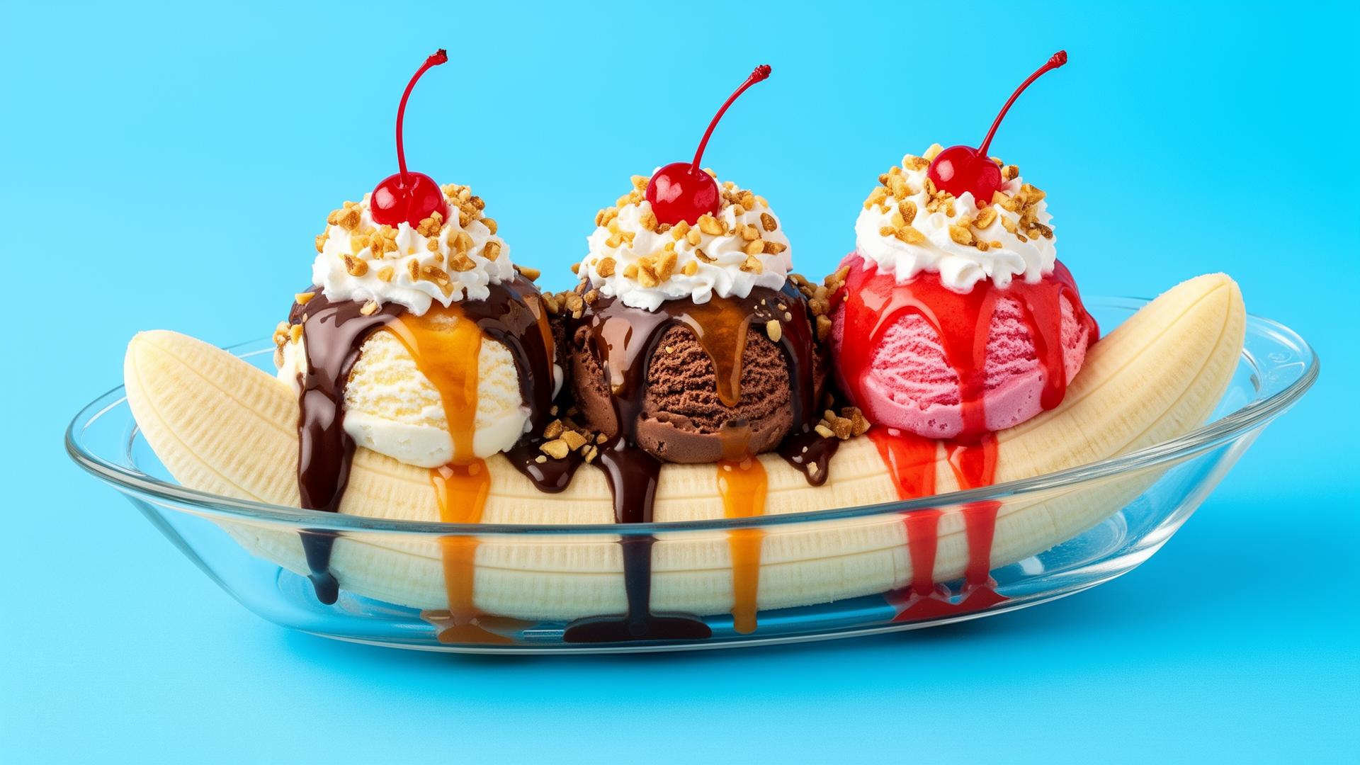 Classic banana split with vanilla, chocolate and strawberry scoops, whipped cream, nuts and cherries.