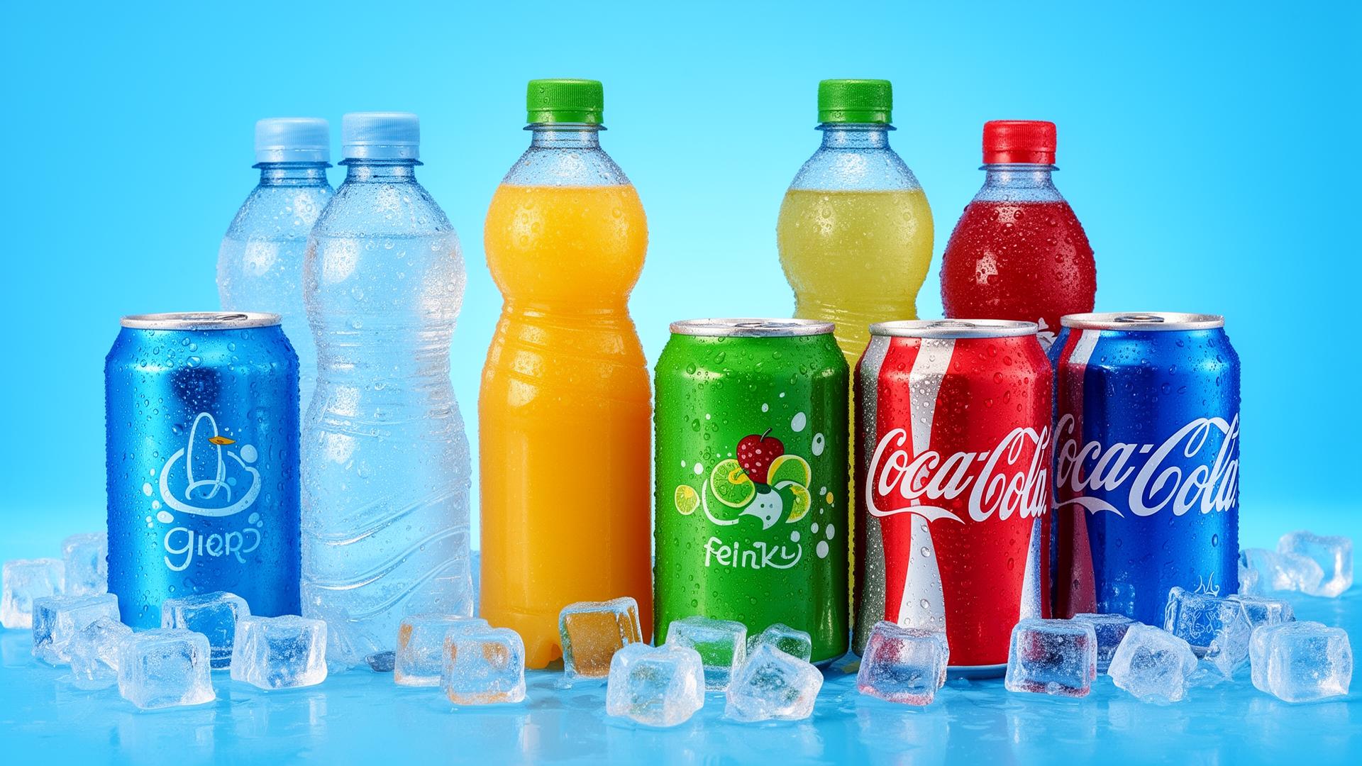 An assortment of cold bottled and canned beverages chilled on ice.