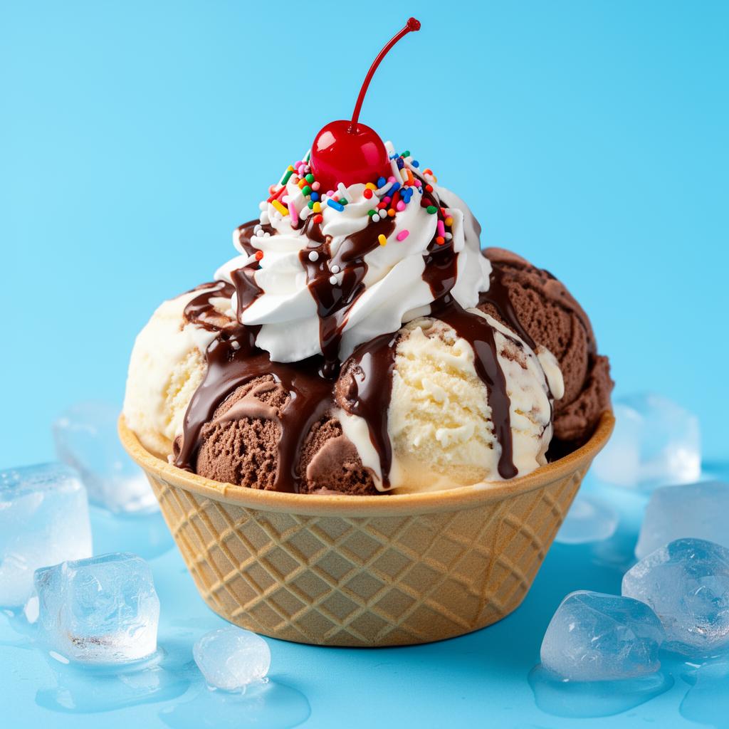 A waffle bowl loaded with vanilla and chocolate soft serve, whipped cream, sprinkles and a cherry.
